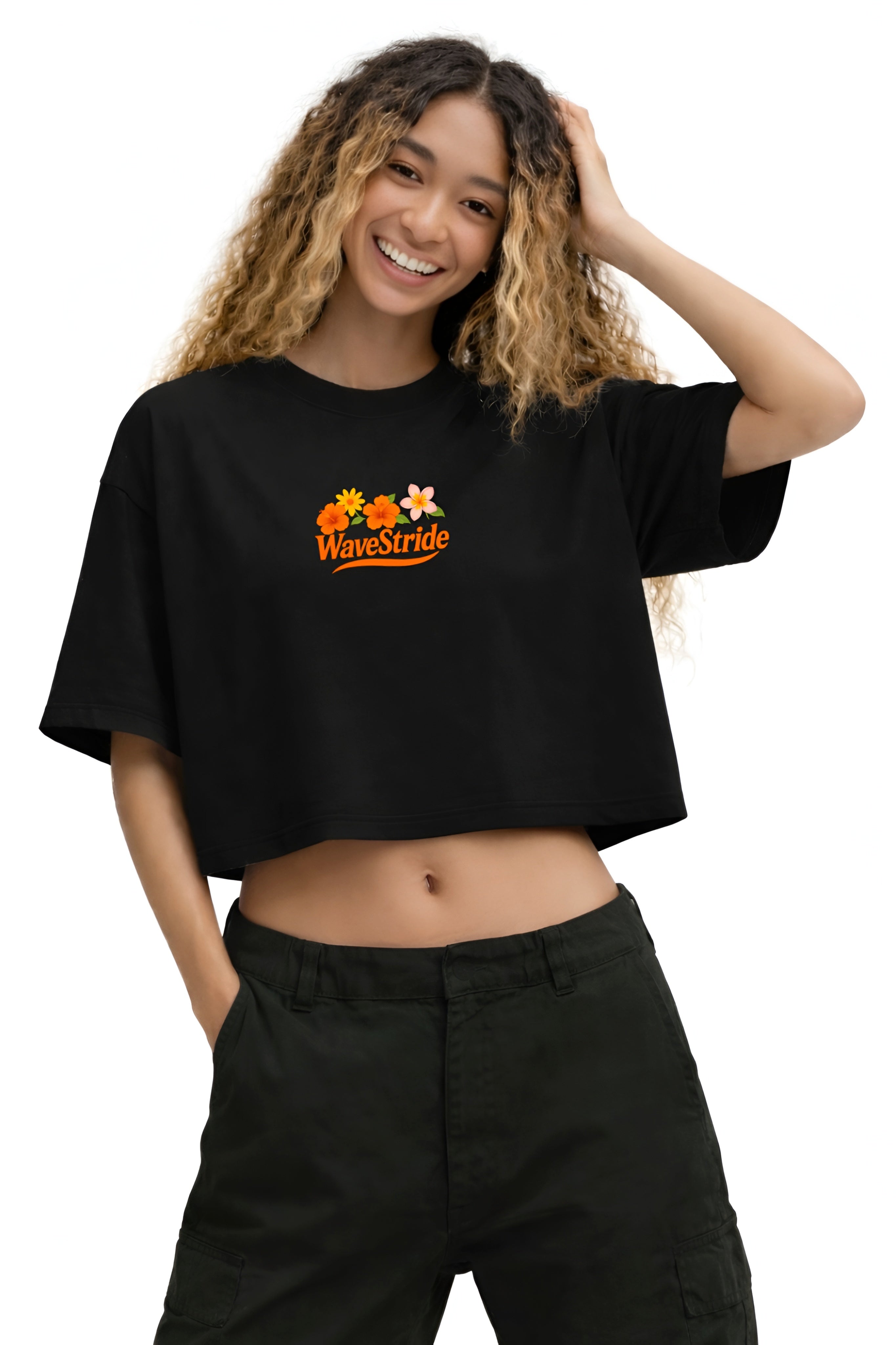 Cropped Wave Flowers Preto