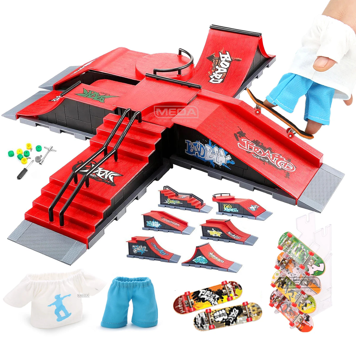 Kit DIY Finger Skatepark 6 em 1 - Plataforma Profissional para Prática de Tech Deck em Rampas de Manobras - MEOA