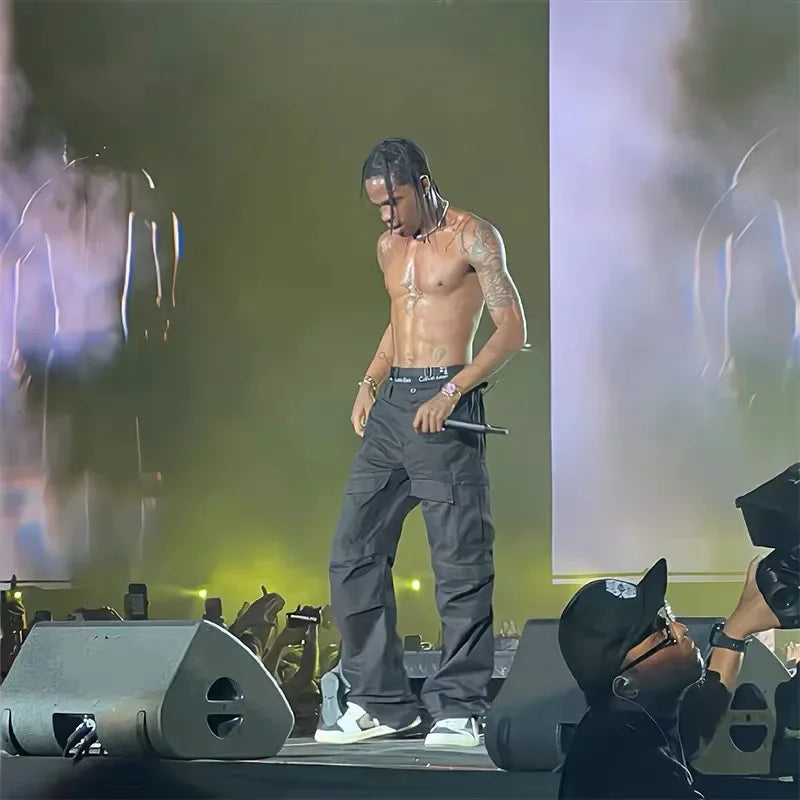 Calças Cargo com Bolsos e Corte Reto, Estilo Travis Scott