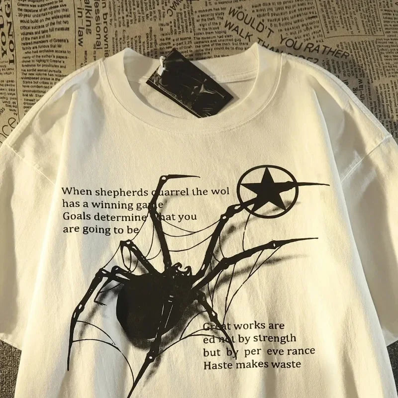 Camiseta Feminina Y2K Korean Streetwear com Estampa de Aranha