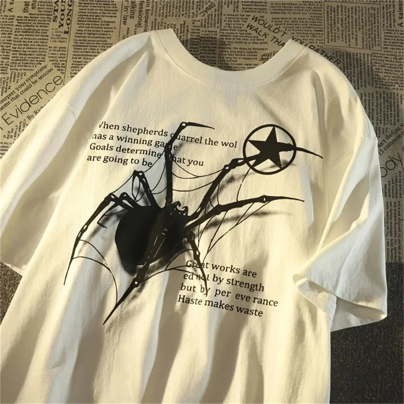 Camiseta Feminina Y2K Korean Streetwear com Estampa de Aranha