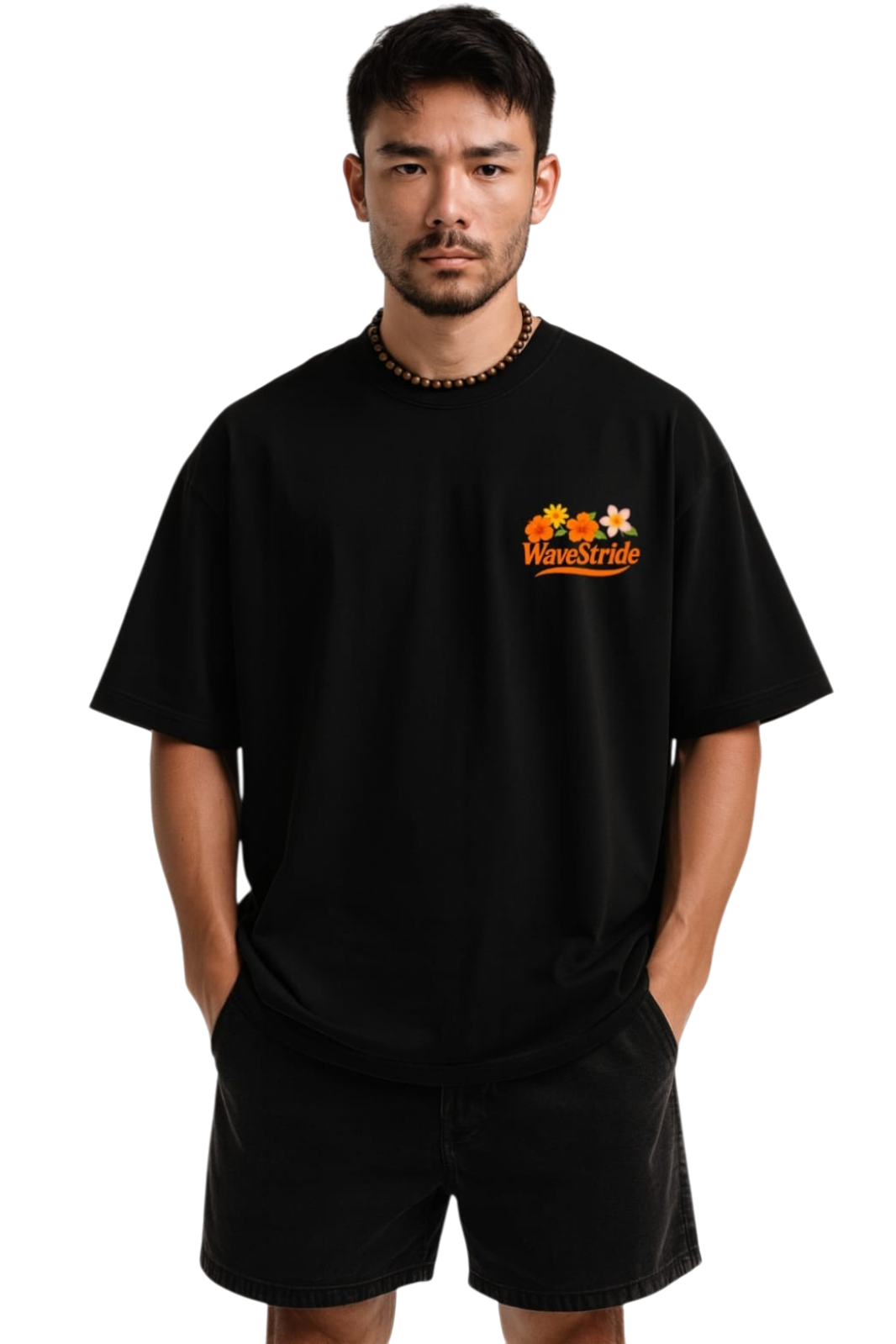 Camiseta Oversized Wave Flowers WaveStride - Preto, Branco e Off-White